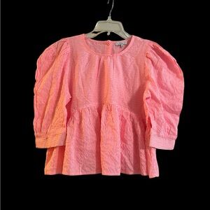 Pink Seersucker Puff Sleeve Peplum Blouse with Button Back - Size Medium